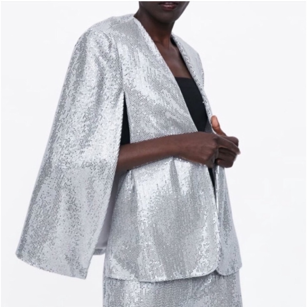 Zara Cape Puncho Blazer Jacket Silver Metallic Sequin NEW - Picture 10 of 13